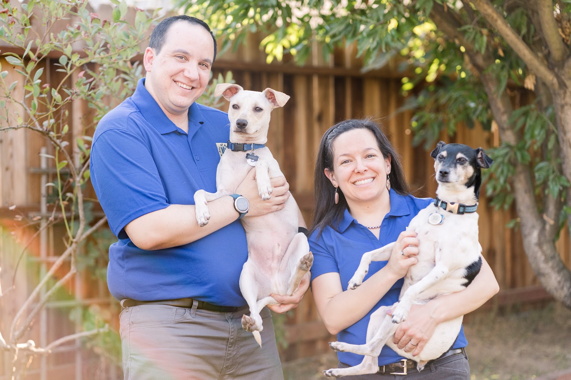 Image description: Leah and Razi stand in matching blue ASL at Home polos. Each is holding a dog. Razi is holding Indigo, a fawn color pittie mix with big blue eyes and front-flopping ears. Leah is holding Kyle, an older Rat Terrier with a graying muzzle. He is a mix of black and white in a kind of cow-spotting way.